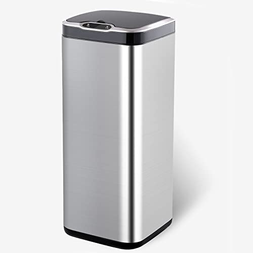 Square Stainless Steel ELPHECO 8 Gallon Sensor Trash Can with Lid, 30 Liter Automatic Kitchen Garbage Can, Slim Metal Trash Can for Home, Hotel, Office Building, Public Places