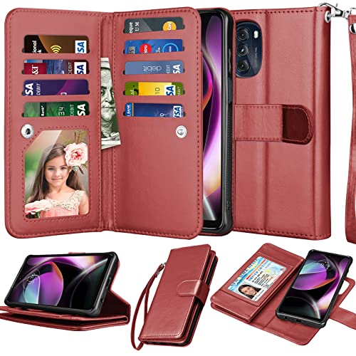 NJJEX Wallet Case for Motorola Moto G 5G 2022, for Moto G 5G 2022 Case, [9 Card Slots] PU Leather ID Credit Card Holder Folio Flip [Detachable] Kickstand Magnetic Phone Cover & Lanyard [Wine Red]