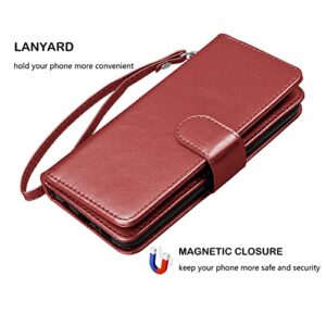 NJJEX Wallet Case for Motorola Moto G 5G 2022, for Moto G 5G 2022 Case, [9 Card Slots] PU Leather ID Credit Card Holder Folio Flip [Detachable] Kickstand Magnetic Phone Cover & Lanyard [Wine Red]