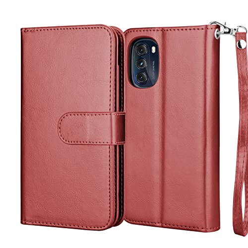 NJJEX Wallet Case for Motorola Moto G 5G 2022, for Moto G 5G 2022 Case, [9 Card Slots] PU Leather ID Credit Card Holder Folio Flip [Detachable] Kickstand Magnetic Phone Cover & Lanyard [Wine Red]