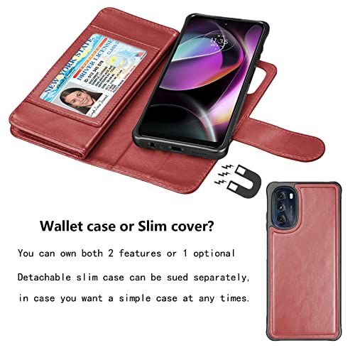 NJJEX Wallet Case for Motorola Moto G 5G 2022, for Moto G 5G 2022 Case, [9 Card Slots] PU Leather ID Credit Card Holder Folio Flip [Detachable] Kickstand Magnetic Phone Cover & Lanyard [Wine Red]