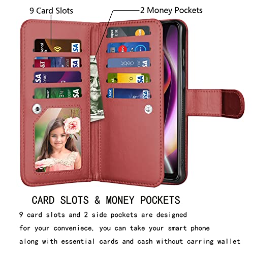 NJJEX Wallet Case for Motorola Moto G 5G 2022, for Moto G 5G 2022 Case, [9 Card Slots] PU Leather ID Credit Card Holder Folio Flip [Detachable] Kickstand Magnetic Phone Cover & Lanyard [Wine Red]