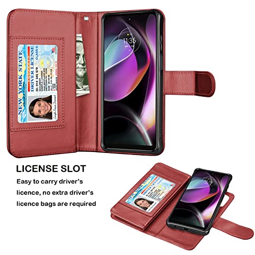 NJJEX Wallet Case for Motorola Moto G 5G 2022, for Moto G 5G 2022 Case, [9 Card Slots] PU Leather ID Credit Card Holder Folio Flip [Detachable] Kickstand Magnetic Phone Cover & Lanyard [Wine Red]