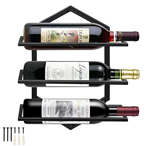 YALINKA Wall Mounted Wine Stemware Rack, Metal Hanging Wine Glass Display Holde Holds 3 Bottles, Elegant Storage for Kitchen Dining Room Bar Wine Cellar