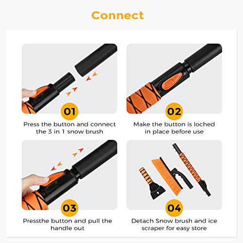 BONNIGHT Ice Scraper with Extendable Snow Brush for Car Windshield with Ergonomic Foam Grip Foam and Soft Bristle Head for Truck SUV Vehicle Windows(38inch,Orange)