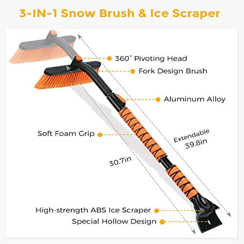 BONNIGHT Ice Scraper with Extendable Snow Brush for Car Windshield with Ergonomic Foam Grip Foam and Soft Bristle Head for Truck SUV Vehicle Windows(38inch,Orange)