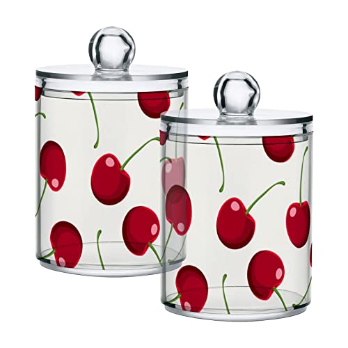 ALAZA Red Cherry Berries Qtip Holder Organizer Dispenser for Cotton Ball, Cotton Swab, Cotton Round Pads, Floss,Bathroom Canisters Storage Organizer, Vanity Makeup Organizer,2Pack