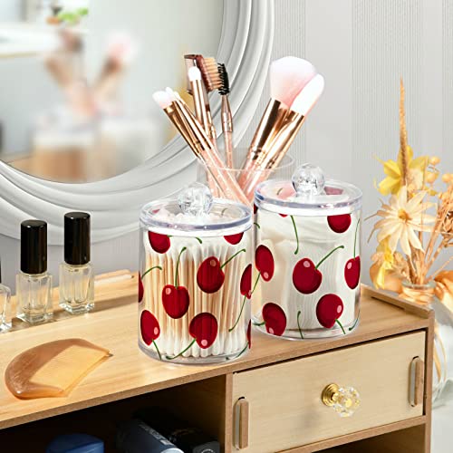 ALAZA Red Cherry Berries Qtip Holder Organizer Dispenser for Cotton Ball, Cotton Swab, Cotton Round Pads, Floss,Bathroom Canisters Storage Organizer, Vanity Makeup Organizer,2Pack