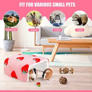 ONEJU Foldable Guinea Pig Hideout, Guinea Pig Tunnel, Rabbit Tunnel, Guinea Pig Cage Accessories for Guinea Pig, Bunny, Hamster, Chinchilla, Ferry, Rabbit and Other Small Pets - Strawberry Pattern