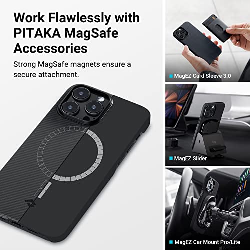 PITAKA Case for iPhone 14 Pro Compatible with MagSafe, Slim & Light iPhone 14 Pro Case 6.1-inch with a Case-Less Touch Feeling, 600D Aramid Fiber Made [MagEZ Case 3 - Black/Grey(Twill)]