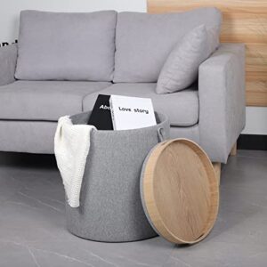 SOFT ASS Multi-Functional Round Linen Fabric Storage Ottoman Large Footrest with Coffee Table Tray Footstool for Bedroom, Study and Living Room, Kid's Room - Light Grey