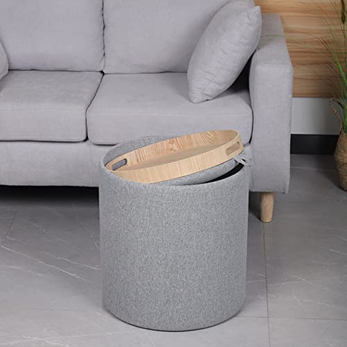 SOFT ASS Multi-Functional Round Linen Fabric Storage Ottoman Large Footrest with Coffee Table Tray Footstool for Bedroom, Study and Living Room, Kid's Room - Light Grey