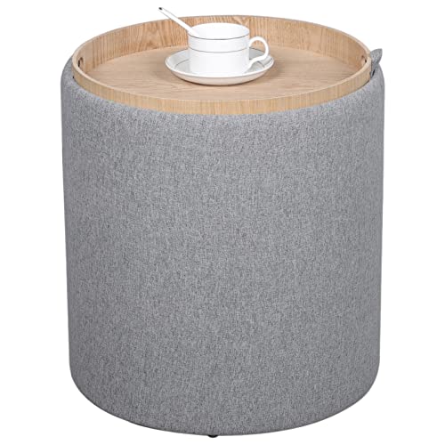 SOFT ASS Multi-Functional Round Linen Fabric Storage Ottoman Large Footrest with Coffee Table Tray Footstool for Bedroom, Study and Living Room, Kid's Room - Light Grey