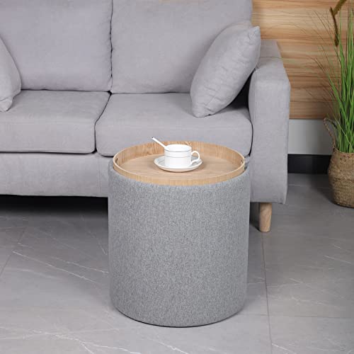 SOFT ASS Multi-Functional Round Linen Fabric Storage Ottoman Large Footrest with Coffee Table Tray Footstool for Bedroom, Study and Living Room, Kid's Room - Light Grey