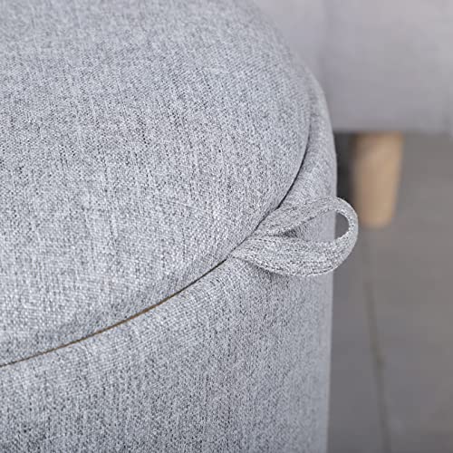 SOFT ASS Multi-Functional Round Linen Fabric Storage Ottoman Large Footrest with Coffee Table Tray Footstool for Bedroom, Study and Living Room, Kid's Room - Light Grey