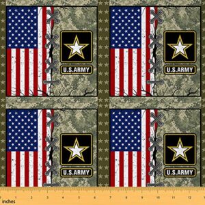 american flag fabric by the yard for adult boys, army green camo upholstery fabric, kids men vintage usa flag indoor outdoor fabric, retro military camouflage grunge stripes decor fabric, 1 yard
