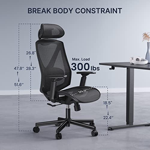 HUANUO Office Chair, Ergonomic Mesh Office Chair, Computer Chair with 2-Way Adjustable Lumbar Support, Headrest and Armrest, High Back Desk Chair with Tilt Lock Function