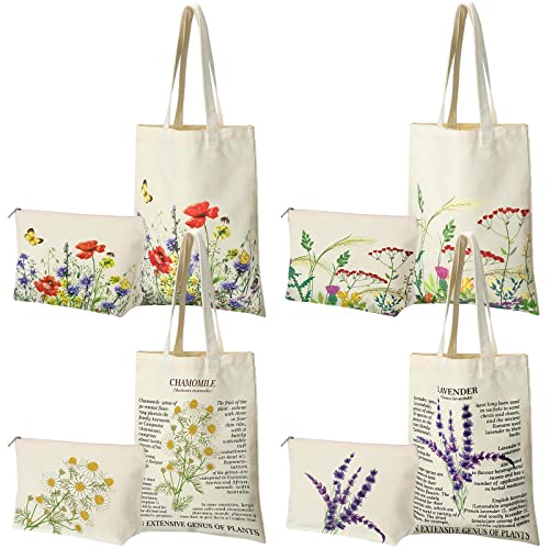 8 Pcs Canvas Tote Bag Floral Makeup Bag Set Botanical Shopping Bag for Grocery with Metal Zipper Cosmetic Travel Toiletry Bag Large Aesthetic Flower Tote Bag for Women Girl Student Teacher Gift