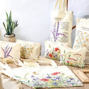 8 Pcs Canvas Tote Bag Floral Makeup Bag Set Botanical Shopping Bag for Grocery with Metal Zipper Cosmetic Travel Toiletry Bag Large Aesthetic Flower Tote Bag for Women Girl Student Teacher Gift