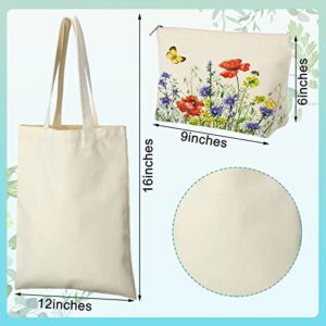 8 Pcs Canvas Tote Bag Floral Makeup Bag Set Botanical Shopping Bag for Grocery with Metal Zipper Cosmetic Travel Toiletry Bag Large Aesthetic Flower Tote Bag for Women Girl Student Teacher Gift