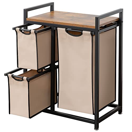 Suntage Laundry Basket Organizer, Hampers for Laundry 3 Compartments, Laundry Hamper with 3 Sliding Laundry Sorter Bags, Top Storage Shelf, and Metal Frame