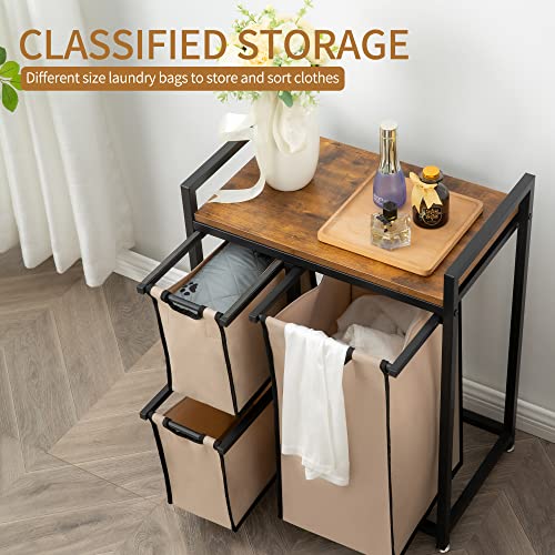 Suntage Laundry Basket Organizer, Hampers for Laundry 3 Compartments, Laundry Hamper with 3 Sliding Laundry Sorter Bags, Top Storage Shelf, and Metal Frame