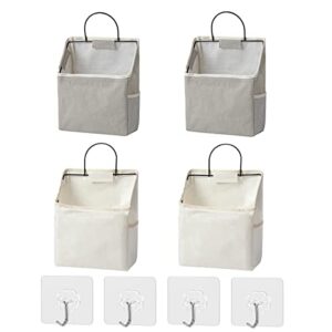 Speusurea 4 Pack White and Gray Wall Hanging Storage Bag Bathroom Closet Hanging Organizer Bag Waterproof Storage Basket with Sticky Hook Contton Linen Over The Door Hanging Organizer Box Pocket