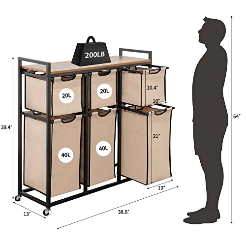 Suntage Laundry Basket Organizer, Hampers for Laundry 6 Compartments, Laundry Hamper with 6 Sliding Laundry Sorter Bags, Top Storage Shelf, and Metal Frame