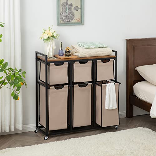Suntage Laundry Basket Organizer, Hampers for Laundry 6 Compartments, Laundry Hamper with 6 Sliding Laundry Sorter Bags, Top Storage Shelf, and Metal Frame