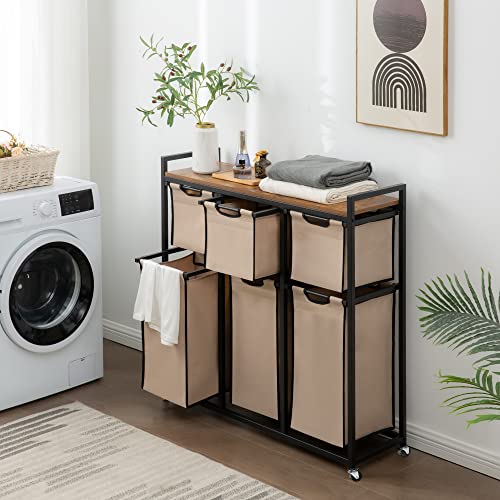 Suntage Laundry Basket Organizer, Hampers for Laundry 6 Compartments, Laundry Hamper with 6 Sliding Laundry Sorter Bags, Top Storage Shelf, and Metal Frame