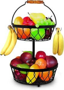 2 tier fruit basket for kitchen countertop with 4 banana hangers, detachable, large capacity & thick wire construction, fruit and vegetable bowl, fruit and vegetable storage, snacks, bread and more.