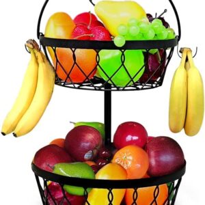 2 Tier Fruit basket for kitchen countertop with 4 banana hangers, Detachable, Large Capacity & Thick Wire construction, Fruit and vegetable bowl, fruit and vegetable storage, snacks, bread and more.