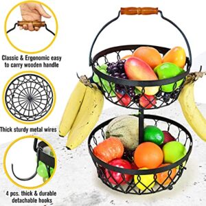 2 Tier Fruit basket for kitchen countertop with 4 banana hangers, Detachable, Large Capacity & Thick Wire construction, Fruit and vegetable bowl, fruit and vegetable storage, snacks, bread and more.