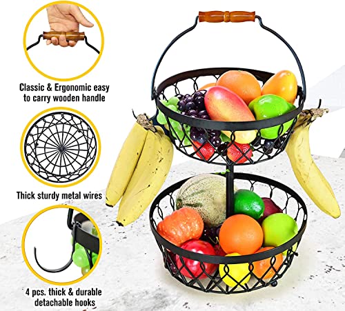 2 Tier Fruit basket for kitchen countertop with 4 banana hangers, Detachable, Large Capacity & Thick Wire construction, Fruit and vegetable bowl, fruit and vegetable storage, snacks, bread and more.