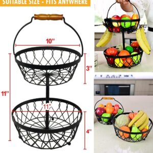 2 Tier Fruit basket for kitchen countertop with 4 banana hangers, Detachable, Large Capacity & Thick Wire construction, Fruit and vegetable bowl, fruit and vegetable storage, snacks, bread and more.