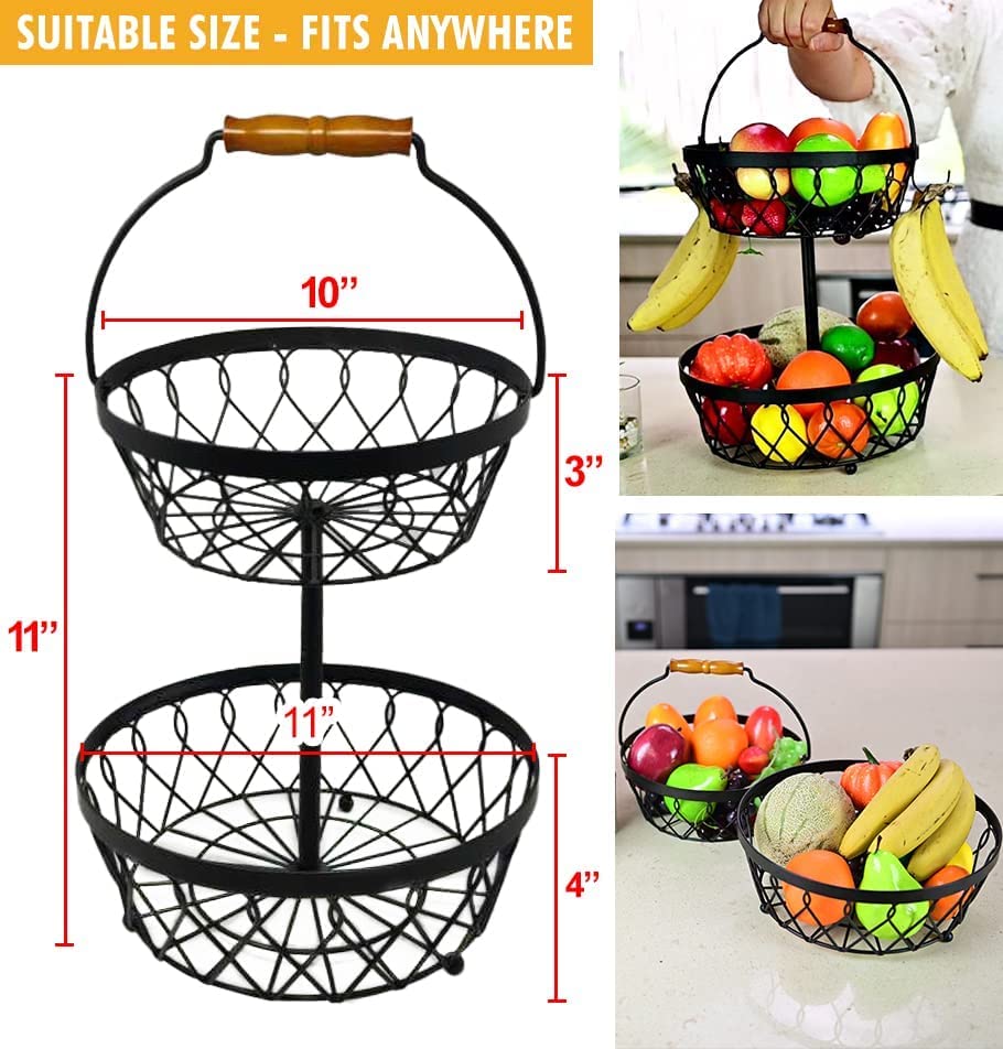 2 Tier Fruit basket for kitchen countertop with 4 banana hangers, Detachable, Large Capacity & Thick Wire construction, Fruit and vegetable bowl, fruit and vegetable storage, snacks, bread and more.