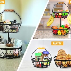 2 Tier Fruit basket for kitchen countertop with 4 banana hangers, Detachable, Large Capacity & Thick Wire construction, Fruit and vegetable bowl, fruit and vegetable storage, snacks, bread and more.