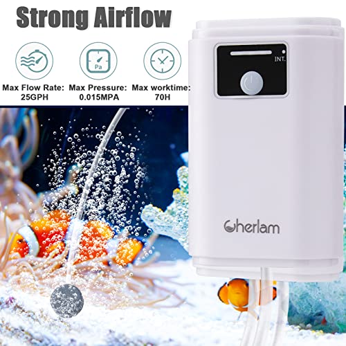 Aquarium Air Pump,CHERLAM Rechargeable&Portable Fish Aerator Pump,Lithium Battery Operated Fish Tank Air Pump with Air Stones,USB Air Pump for Fish Tank for Outdoor Fishing, Emergency, Power Cuts