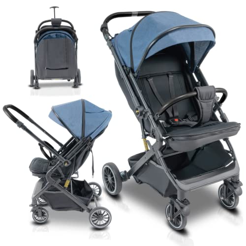 Baby K Lightweight Reversible Baby Stroller (Dark Blue- with Mesh Cover & Adjustable Canopy) - Easy Front/Rear Facing Reversible Stroller Handle - Compact Travel Stroller with Fold Up & Recline Mode