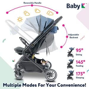 Baby K Lightweight Reversible Baby Stroller (Dark Blue- with Mesh Cover & Adjustable Canopy) - Easy Front/Rear Facing Reversible Stroller Handle - Compact Travel Stroller with Fold Up & Recline Mode