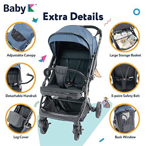 Baby K Lightweight Reversible Baby Stroller (Dark Blue- with Mesh Cover & Adjustable Canopy) - Easy Front/Rear Facing Reversible Stroller Handle - Compact Travel Stroller with Fold Up & Recline Mode