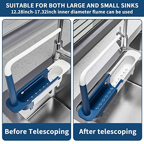 FGSAEOR Telescopic Sink Storage Rack, Adjustable Telescopic 2-in-1 Sink Shelf Rack with a Dish Cloth, Expandable Sponge Soap Holder & Dishcloth Hanger for Sink, Storage Drain Basket for Kitchen (Blue)