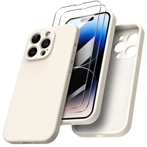ornarto designed for iphone 14 pro case with 2x screen protector, liquid silicone gel rubber cover [camera protection + soft microfiber lining], shockproof protective phone case 6.1 inch-beige