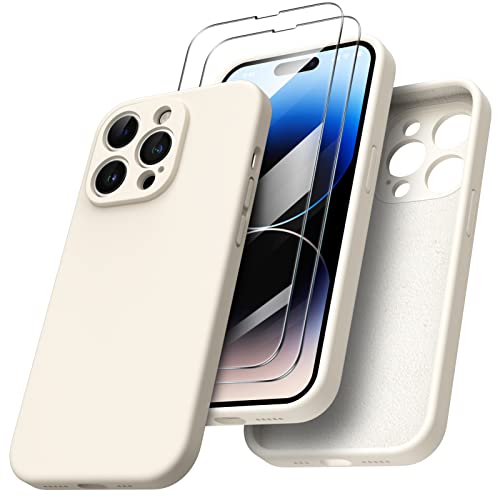 ORNARTO Designed for iPhone 14 Pro Case with 2X Screen Protector, Liquid Silicone Gel Rubber Cover [Camera Protection + Soft Microfiber Lining], Shockproof Protective Phone Case 6.1 Inch-Beige