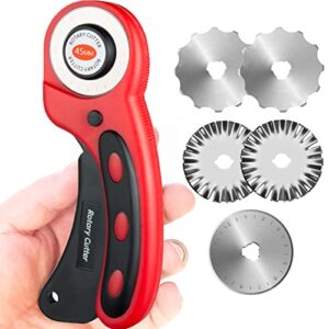 rotary cutter with 5pc Ø 45mm cutting blades fabric paper cutter, cloth sewing cutter craft supplies and quilting accessories, for right- and left-handed users