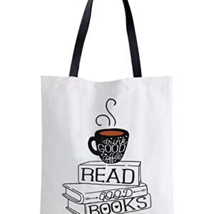 XIKAINUO Drink Good Coffee Read Good Books Cotton Canvas Tote Bag with Interior Pocket, Travel Shopping Shoulder Bag Birthday Christmas Gifts for Readers, Coffee Lovers, Bookworm, Teens