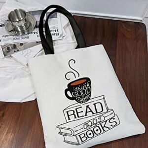 XIKAINUO Drink Good Coffee Read Good Books Cotton Canvas Tote Bag with Interior Pocket, Travel Shopping Shoulder Bag Birthday Christmas Gifts for Readers, Coffee Lovers, Bookworm, Teens