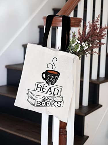 XIKAINUO Drink Good Coffee Read Good Books Cotton Canvas Tote Bag with Interior Pocket, Travel Shopping Shoulder Bag Birthday Christmas Gifts for Readers, Coffee Lovers, Bookworm, Teens