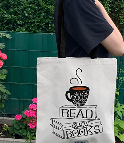 XIKAINUO Drink Good Coffee Read Good Books Cotton Canvas Tote Bag with Interior Pocket, Travel Shopping Shoulder Bag Birthday Christmas Gifts for Readers, Coffee Lovers, Bookworm, Teens