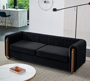 melpomene vertical channel tufted velvet sofa with round arm and gold metal legs,armrest 84.25" w（black）